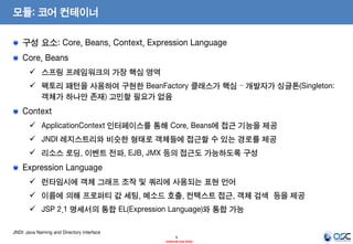 모듈: 코어 컨테이너
구성 요소: Core, Beans, Context, Expression Language
Core, Beans
 스프링 프레임워크의 가장 핵심 영역
 팩토리 패턴을 사용하여 구현한 BeanFactory 클래스가 핵심 – 개발자가 싱글톤(Singleton:
객체가 하나만 존재) 고민할 필요가 없음

Context
 ApplicationContext 인터페이스를 통해 Core, Beans에 접근 기능을 제공
 JNDI 레지스트리와 비슷한 형태로 객체들에 접근할 수 있는 경로를 제공
 리소스 로딩, 이벤트 전파, EJB, JMX 등의 접근도 가능하도록 구성

Expression Language
 런타임시에 객체 그래프 조작 및 쿼리에 사용되는 표현 언어
 이름에 의해 프로퍼티 값 세팅, 메소드 호출, 컨텍스트 접근, 객체 검색 등을 제공
 JSP 2.1 명세서의 통합 EL(Expression Language)와 통합 가능
JNDI: Java Naming and Directory Interface
9
- Internal Use Only -

 