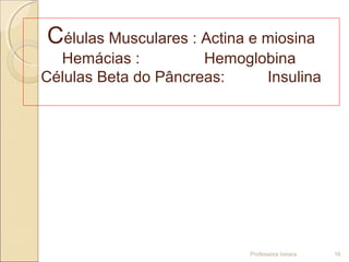 Professora Ionara 16
Células Musculares : Actina e miosina
Hemácias : Hemoglobina
Células Beta do Pâncreas: Insulina
 