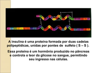 A insulina é uma proteína formada por duas cadeias
polipeptídicas, unidas por pontes de sulfeto ( S – S ).
Essa proteína é um hormônio produzido no pâncreas
e controla o teor da glicose no sangue, permitindo
seu ingresso nas células.
 