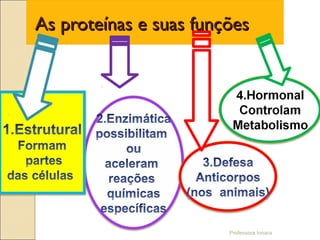 Professora Ionara
As proteínas e suas funçõesAs proteínas e suas funções
 