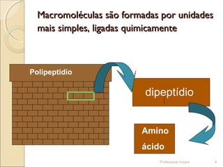 Macromoléculas são formadas por unidadesMacromoléculas são formadas por unidades
mais simples, ligadas quimicamentemais simples, ligadas quimicamente
Professora Ionara 4
Polipeptídio
dipeptídio
Amino
ácido
 