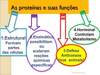 Professora Ionara
As proteínas e suas funçõesAs proteínas e suas funções
 