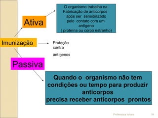 Imunização
O organismo trabalha na
Fabricação de anticorpos
após ser sensibilizado
pelo contato com um
antígeno
( proteína ou corpo estranho)
Quando o organismo não tem
condições ou tempo para produzir
anticorpos
precisa receber anticorpos prontos
Ativa
Passiva
Proteção
contra
antígenos
Professora Ionara 54
 