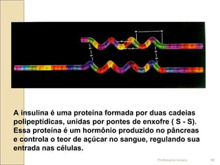 A insulina é uma proteína formada por duas cadeias
polipeptídicas, unidas por pontes de enxofre ( S - S).
Essa proteína é um hormônio produzido no pâncreas
e controla o teor de açúcar no sangue, regulando sua
entrada nas células.
Professora Ionara 68
 