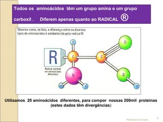 Todos os aminoácidos têm um grupo amina e um grupo
carboxil . Diferem apenas quanto ao RADICAL ®
Professora Ionara
8
Utilizamos 20 aminoácidos diferentes, para compor nossas 200mil proteínas
(estes dados têm divergências)
 