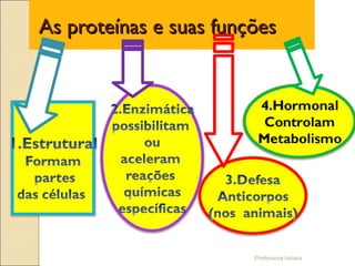 Professora Ionara
As proteínas e suas funçõesAs proteínas e suas funções
 