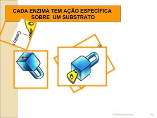 CADA ENZIMA TEM AÇÃO ESPECÍFICA
SOBRE UM SUBSTRATO
Professora Ionara 36
 