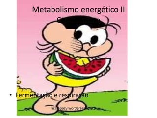 Metabolismo energético II
Catabolismo
• Fermentação e respiração
lacampos9.wordpress.com
 