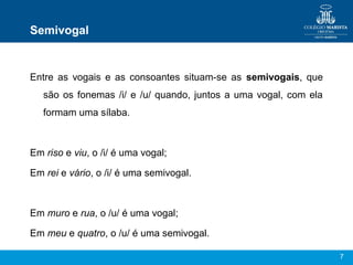 Semivogal


Entre as vogais e as consoantes situam-se as semivogais, que
   são os fonemas /i/ e /u/ quando, juntos a uma vogal, com ela
   formam uma sílaba.



Em riso e viu, o /i/ é uma vogal;

Em rei e vário, o /i/ é uma semivogal.



Em muro e rua, o /u/ é uma vogal;

Em meu e quatro, o /u/ é uma semivogal.

                                                                  7
 