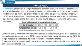 (ENEM/2020) No Brasil, o tempo necessário para um estudante realizar sua formação
até a diplomação em um curso superior, considerando os 9 anos de ensino
fundamental, os 3 anos do ensino médio e os 4 anos de graduação (tempo médio), é
de 16 anos. No entanto, a realidade dos brasileiros mostra que o tempo médio de
estudo de pessoas acima de 14 anos é ainda muito pequeno, conforme apresentado
na tabela.
PRATICANDO
26
Considere que o incremento no tempo de estudo, a cada período, para essas pessoas, se
mantenha constante até o ano 2050, e que se pretenda chegar ao patamar de 70% do
tempo necessário à obtenção do curso superior dado anteriormente.
O ano em que o tempo médio de estudo de pessoas acima de 14 anos atingirá o
percentual pretendido será
 