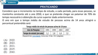 PRATICANDO
27
Considere que o incremento no tempo de estudo, a cada período, para essas pessoas, se
mantenha constante até o ano 2050, e que se pretenda chegar ao patamar de 70% do
tempo necessário à obtenção do curso superior dado anteriormente.
O ano em que o tempo médio de estudo de pessoas acima de 14 anos atingirá o
percentual pretendido será
 