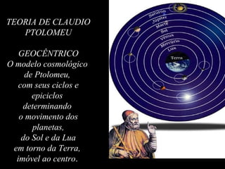 TEORIA DE CLAUDIO
PTOLOMEU
GEOCÊNTRICO
O modelo cosmológico
de Ptolomeu,
com seus ciclos e
epiciclos
determinando
o movimento dos
planetas,
do Sol e da Lua
em torno da Terra,
imóvel ao centro.
 