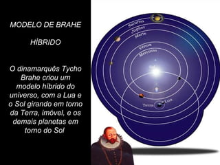MODELO DE BRAHE
HÍBRIDO
O dinamarquês Tycho
Brahe criou um
modelo híbrido do
universo, com a Lua e
o Sol girando em torno
da Terra, imóvel, e os
demais planetas em
torno do Sol
 