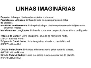 LINHAS IMAGINÁRIAS
Equador: linha que divide os hemisférios norte e sul.
Paralelos ou Latitudes: Linhas de leste ao oeste paralelas à linha
do Equador.
Meridiano de Greenwich: Linha principal que divide o quadrante oriental (leste) do
ocidental (oeste).
Meridianos ou Longitudes: Linhas de norte à sul perpendiculares à linha do Equador.
Trópico de Câncer: Linha imaginária, situada no hemisfério norte.
(23º 27´ Latitude Norte)
Trópico de Capricórnio: Linha imaginária, situada no hemisfério sul.
(23º 27´Latitude Sul)
Circulo Polar Ártico: Linha que indica o extremo polar norte do planeta.
(66º 33`Latitude Norte)
Circulo Polar Antártico: Linha que indica o extremo polar sul do planeta.
(66º 33`Latitude Sul)
 