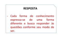 RESPOSTA
- Cada forma de conhecimento
expressa-se de uma forma
diferente e busca responder às
questões conforme seu modo de
ser.
 