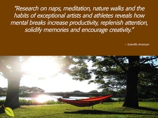 “Research on naps, meditation, nature walks and the
habits of exceptional artists and athletes reveals how
mental breaks i...