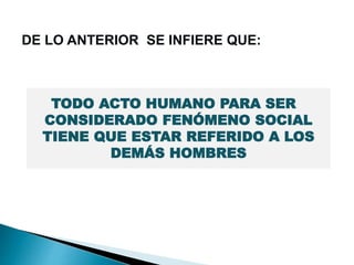 TODO ACTO HUMANO PARA SER
CONSIDERADO FENÓMENO SOCIAL
TIENE QUE ESTAR REFERIDO A LOS
DEMÁS HOMBRES
DE LO ANTERIOR SE INFIERE QUE:
 
