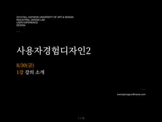 2019 FALL KAYWON UNIVERSITY OF ART & DESIGN

INDUSTRIAL DESIGN LAB

USER EXPERIENCE

DESIGN
사용자경험디자인2
kwonjeongeun@naver.com

8/30(금)
1강 강의 소개
/ 191
 