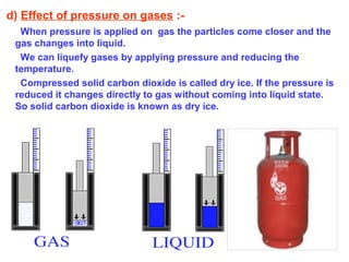 d) Effect of pressure on gases :-
When pressure is applied on gas the particles come closer and the
gas changes into liquid.
We can liquefy gases by applying pressure and reducing the
temperature.
Compressed solid carbon dioxide is called dry ice. If the pressure is
reduced it changes directly to gas without coming into liquid state.
So solid carbon dioxide is known as dry ice.
 