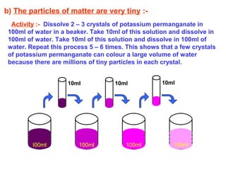 b) The particles of matter are very tiny :-
Activity :- Dissolve 2 – 3 crystals of potassium permanganate in
100ml of water in a beaker. Take 10ml of this solution and dissolve in
100ml of water. Take 10ml of this solution and dissolve in 100ml of
water. Repeat this process 5 – 6 times. This shows that a few crystals
of potassium permanganate can colour a large volume of water
because there are millions of tiny particles in each crystal.
10ml 10ml 10ml
I00ml 100ml 100ml 100ml
 