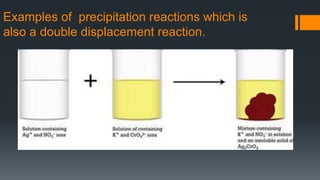 Examples of precipitation reactions which is
also a double displacement reaction.
 