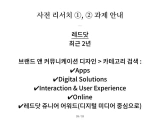 사전 리서치 ①, ② 과제 안내
/ 33
28
레드닷
최근 2년
브랜드 앤 커뮤니케이션 디자인 > 카테고리 검색 :
✔︎
Apps
✔︎
Digital Solutions
✔︎
Interaction & User Experience
✔︎
Online
✔︎
레드닷 쥬니어 어워드(디지털 미디어 중심으로)
 