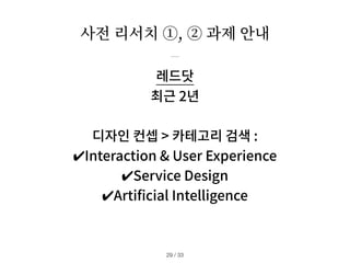 사전 리서치 ①, ② 과제 안내
/ 33
29
레드닷
최근 2년
디자인 컨셉 > 카테고리 검색 :
✔︎
Interaction & User Experience
✔︎
Service Design
✔︎
Arti
fi
cial Intelligence
 