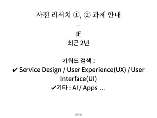 사전 리서치 ①, ② 과제 안내
/ 33
30
IF
최근 2년
키워드 검색 :
✔︎
Service Design / User Experience(UX) / User
Interface(UI)
✔︎
기타 : AI / Apps
…
 