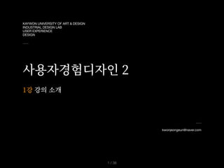 KAYWON UNIVERSITY OF ART & DESIGN
INDUSTRIAL DESIGN LAB
USER EXPERIENCE
DESIGN
사용자경험디자인 2
kwonjeongeun@naver.com
1강 강의 소개
/ 38
1
 