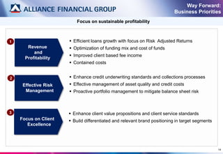14
Way Forward:
Business Priorities
Focus on sustainable profitability
 Efficient loans growth with focus on Risk Adjusted Returns
 Optimization of funding mix and cost of funds
 Improved client based fee income
 Contained costs
 Enhance credit underwriting standards and collections processes
 Effective management of asset quality and credit costs
 Proactive portfolio management to mitigate balance sheet risk
 Enhance client value propositions and client service standards
 Build differentiated and relevant brand positioning in target segments
Revenue
and
Profitability
1
Effective Risk
Management
2
Focus on Client
Excellence
3
 
