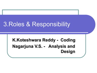 3.Roles & Responsibility K.Koteshwara Reddy -  Coding Nagarjuna V.S. -  Analysis and  Design 