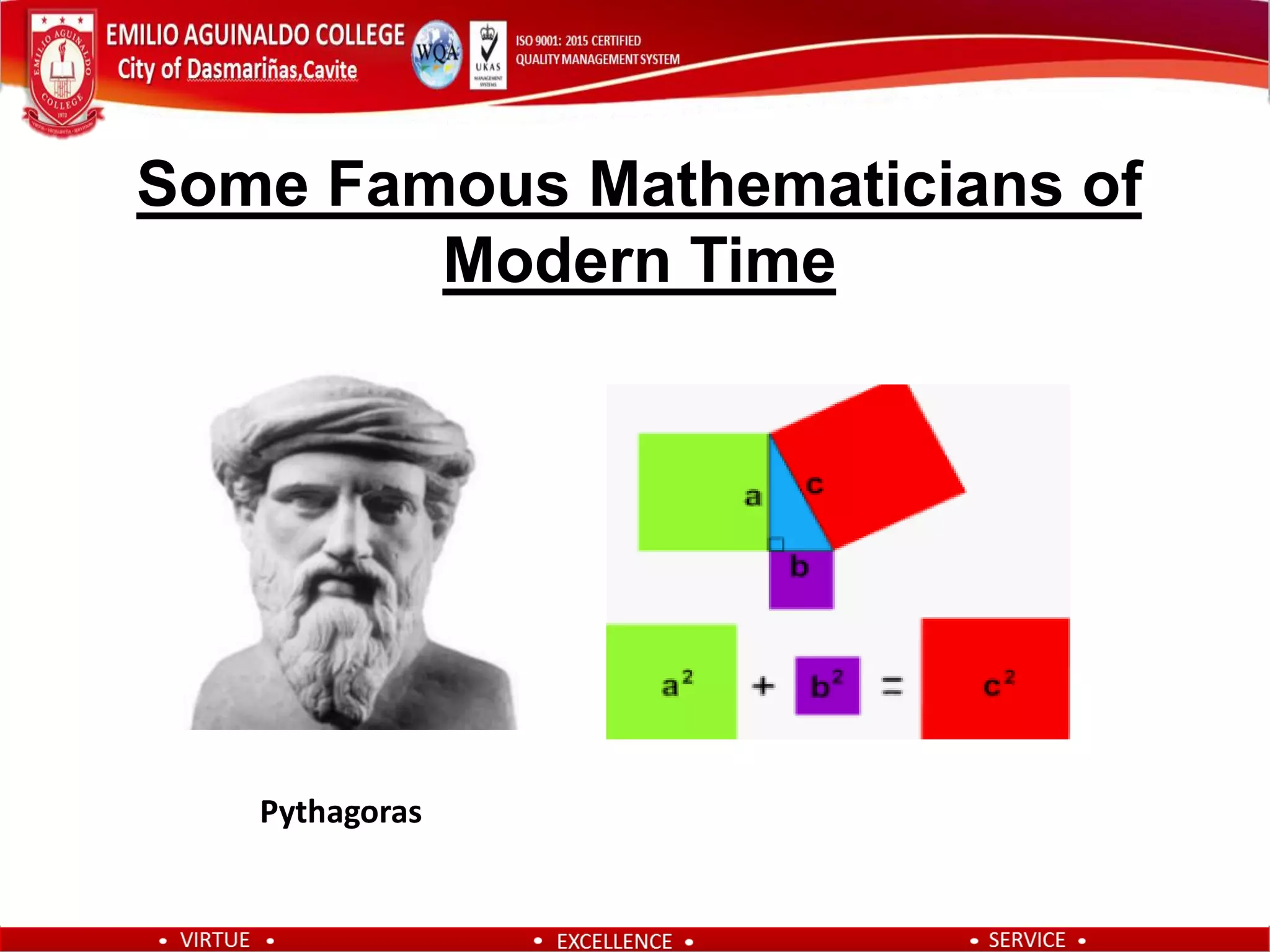Some Famous Mathematicians of
Modern Time
Pythagoras
 