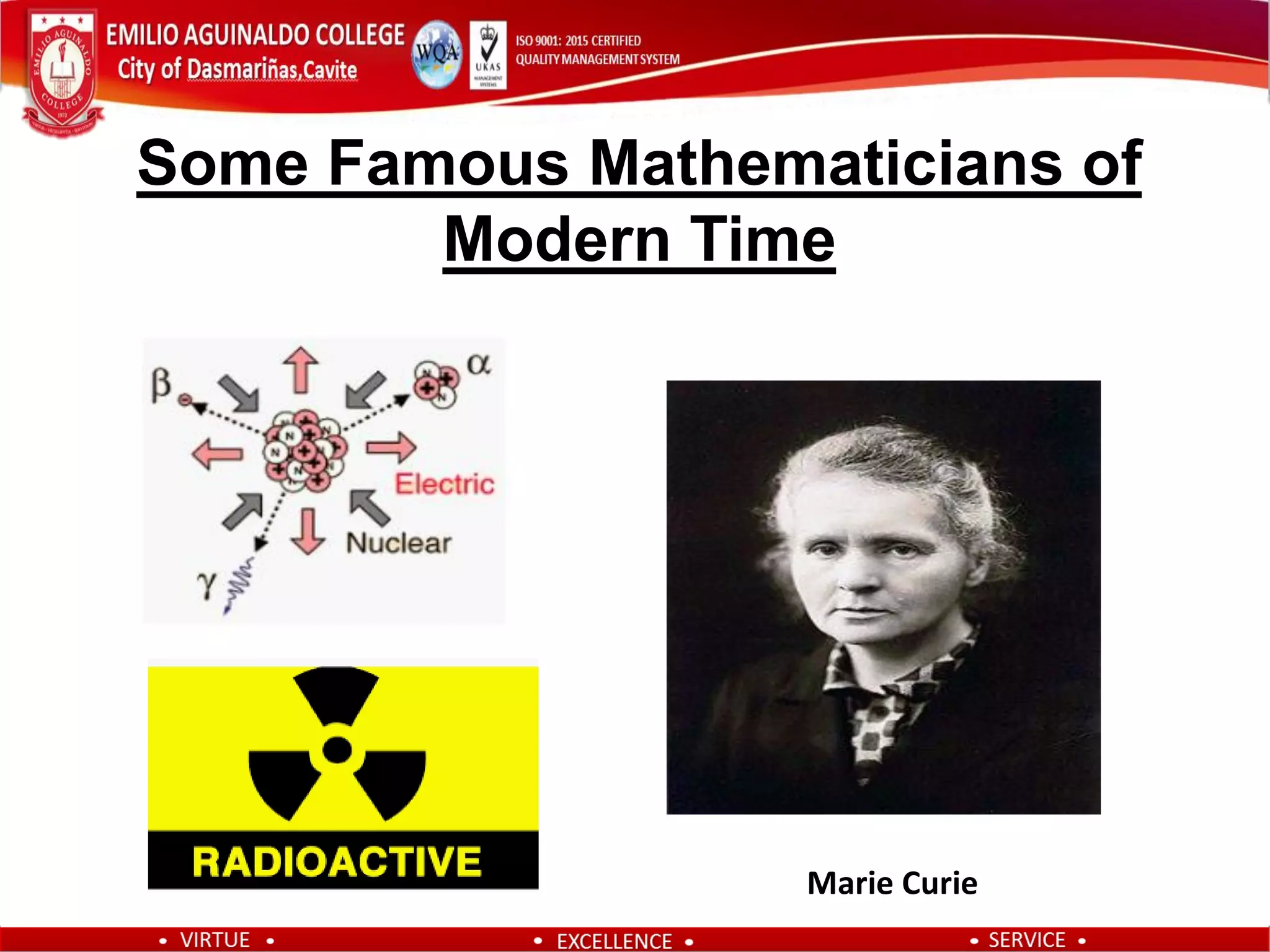 Some Famous Mathematicians of
Modern Time
Marie Curie
 