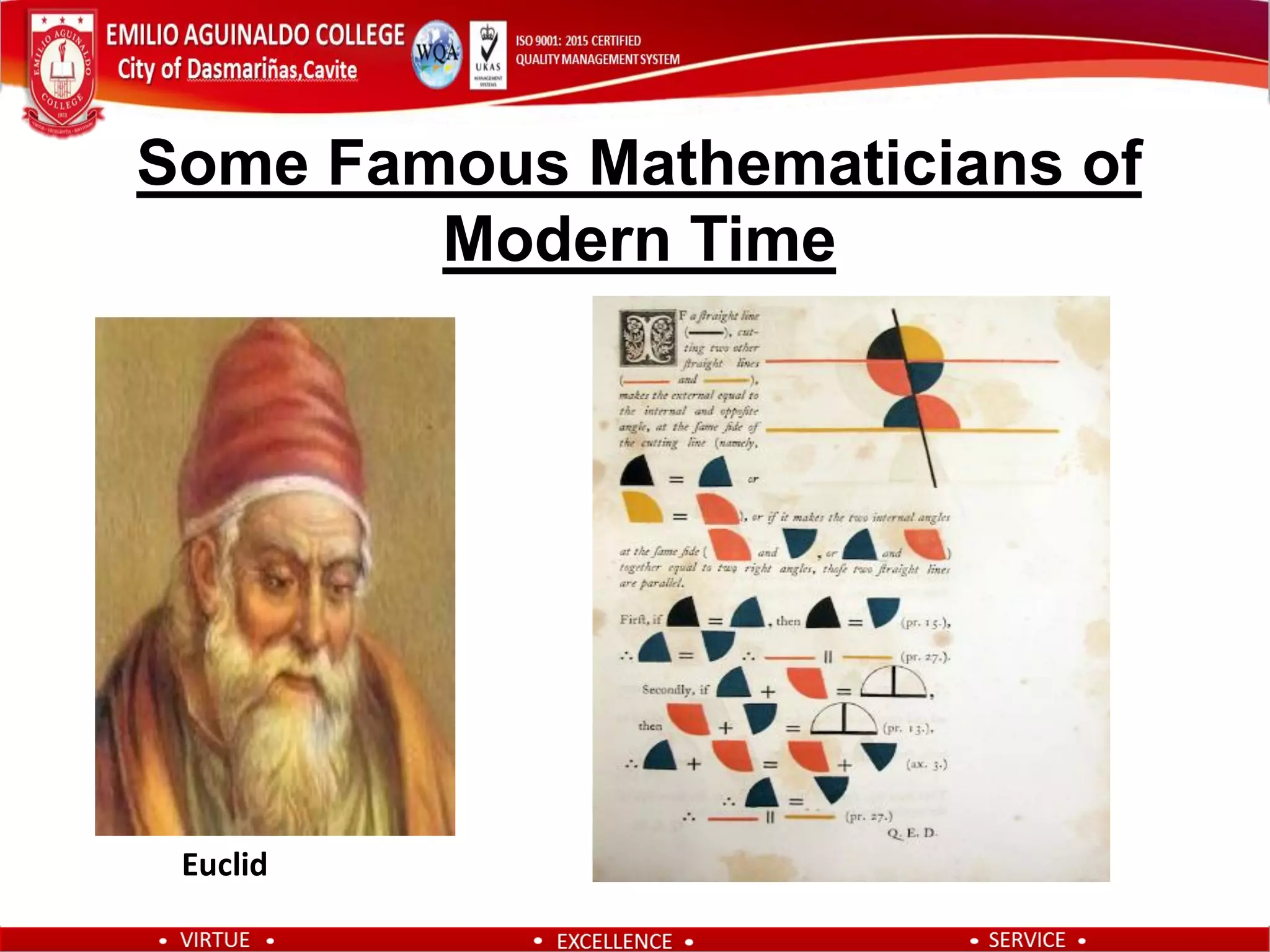 Some Famous Mathematicians of
Modern Time
Euclid
 