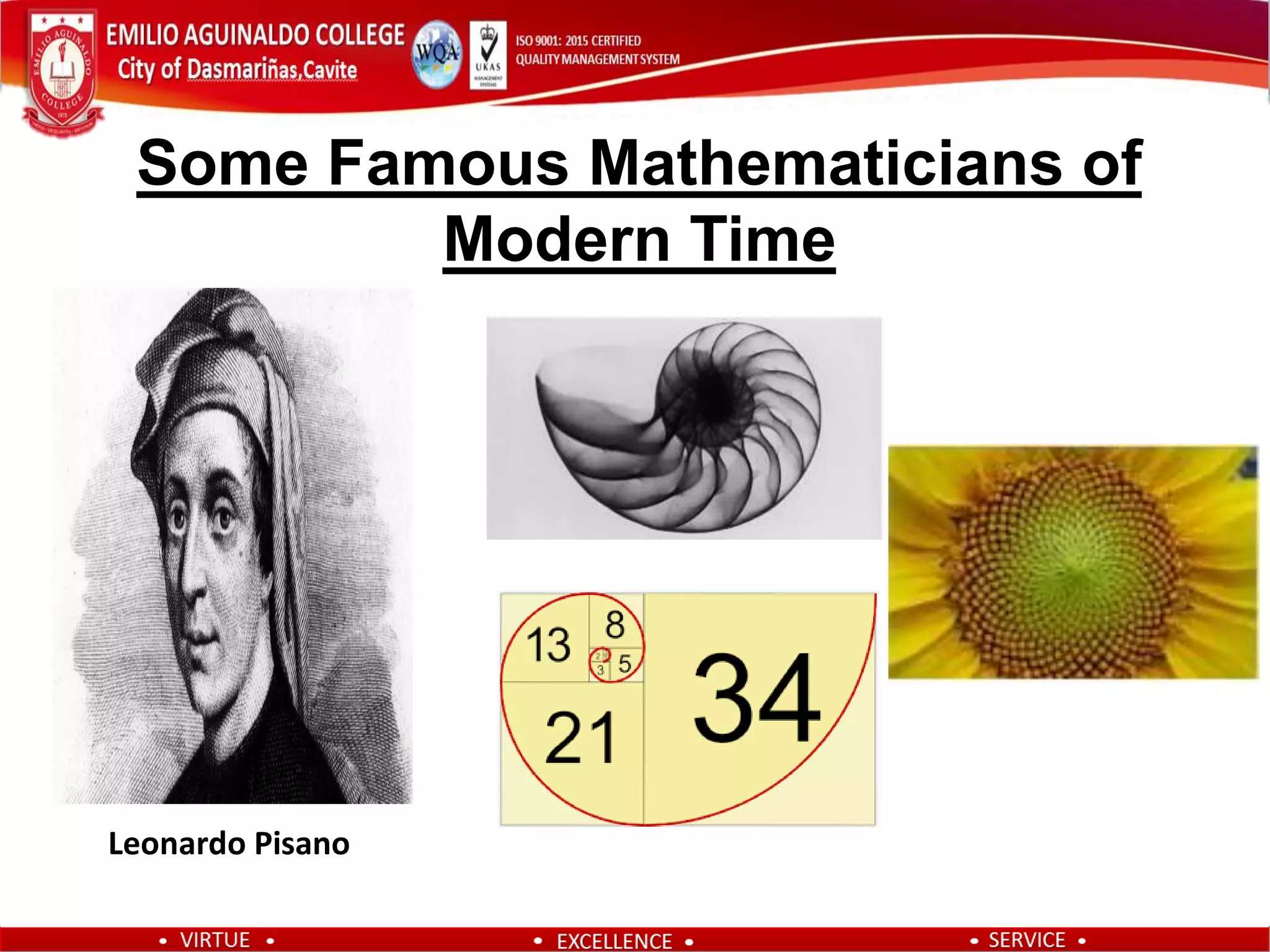 Some Famous Mathematicians of
Modern Time
Leonardo Pisano
 