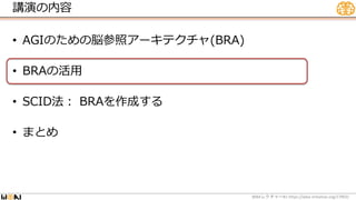 講演の内容
• AGIのための脳参照アーキテクチャ(BRA)
• BRAの活用
• SCID法： BRAを作成する
• まとめ
WBA #1 https://wba-initiative.org/17902/
レクチャー
 