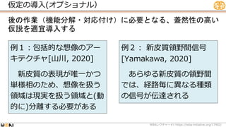 仮定の導入(オプショナル）
後の作業（機能分解・対応付け）に必要となる、蓋然性の高い
仮説を適宜導入する
WBA #1 https://wba-initiative.org/17902/
レクチャー
例１：包括的な想像のアー
キテクチャ[山川, 2020]
新皮質の表現が唯一かつ
単様相のため、想像を扱う
領域は現実を扱う領域と(動
的に)分離する必要がある
例２： 新皮質領野間信号
[Yamakawa, 2020]
あらゆる新皮質の領野間
では、経路毎に異なる種類
の信号が伝達される
 