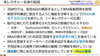 本レクチャー全体の総括
• 当NPOでは、脳型AGIの構築手法としてBRA駆動開発を提唱
• 解剖学的構造に整合するように機能を分解することでBRAを構
築するSCID法を紹介した （→ 本レクチャーの主題）
• 脳の広域にわたる標準化されたBRAの整備がもたらすもの
– 応用： Dysfunctionの再現、対人インタラクション、脳型AGI
– 神経科学： 脳機能の体系的な理解、神経科学実験のテーマ設定
• BRAの質を保つため認定/登録する審査基準の確立を進めている
• BRAを登録するデータベースの基本設計を進め資金獲得を検討
• 学術誌等との連携でBRA構築の動機づけ構築を検討している
• 諸活動に関心ある方の参加をお待ちしています→Slack登録
WBA #1 https://wba-initiative.org/17902/
レクチャー
Slack内の議論へはこちらから、
https://wba-initiative.org/17902/
 
