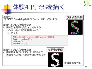 体験4 円でSを描く
演習4-1
プログラムex4-1.pdeをコピーし、実行してみよう
演習4-2 プログラムを変更
• 円の色を青系に変化させてみよう
• もう少し小さく円を描画しよう
• ヒント
演習4-3 プログラムを変更
• 円の色を白にして変化させてみよう
• 透明度もいろいろ変えて試してみよう
fill(random(255), random(255), random(255));
float r = random(50);
noStroke();
ellipse(0, 0, r, r);
実行結果例
実行結果例
透明度 設定なし
9
 