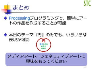 メディアアート、ジェネラティブアートに
興味をもってください
まとめ
 Processingプログラミングで、簡単にアー
トの作品を作成することが可能
 本日のテーマ『円』のみでも、いろいろな
表現が可能
11
 