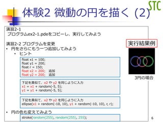体験2 微動の円を描く (2)
演習2-1
プログラムex2-1.pdeをコピーし、実行してみよう
演習2-2 プログラムを変更
• 円をさらにもう一つ追加してみよう
• ヒント
• 円の色も変えてみよう
float x1 = 100;
float y1 = 200;
float r = 150;
float x2 = 200; 追加
float y2 = 200; 追加
下記を真似て、x2 や y2 を同じように入力
x1 = x1 + random(-5, 5);
y1 = y1 + random(-5, 5);
下記を真似て、x2 や y2 を同じように入力
ellipse(x1 + random(-10, 10), y1 + random(-10, 10), r, r);
stroke(random(255), random(255), 255);
実行結果例
3円の場合
6
 
