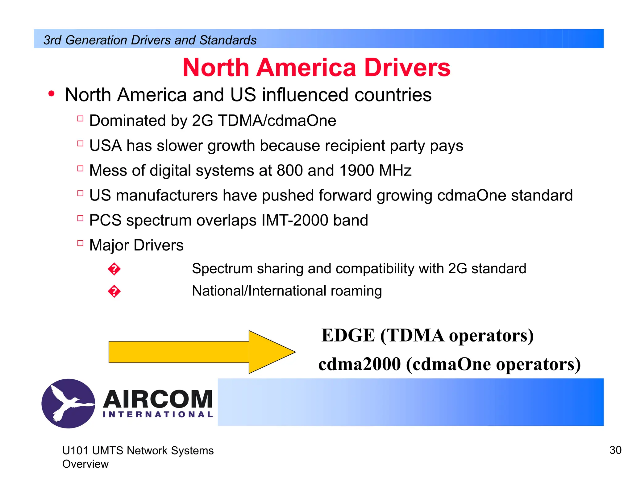 • North America and US influenced countries

Dominated by 2G TDMA/cdmaOne

USA has slower growth because recipient party pays

Mess of digital systems at 800 and 1900 MHz

US manufacturers have pushed forward growing cdmaOne standard

PCS spectrum overlaps IMT-2000 band

Major Drivers
� Spectrum sharing and compatibility with 2G standard
� National/International roaming
EDGE (TDMA operators)
cdma2000 (cdmaOne operators)
U101 UMTS Network Systems
Overview
30
North America Drivers
3rd Generation Drivers and Standards
 