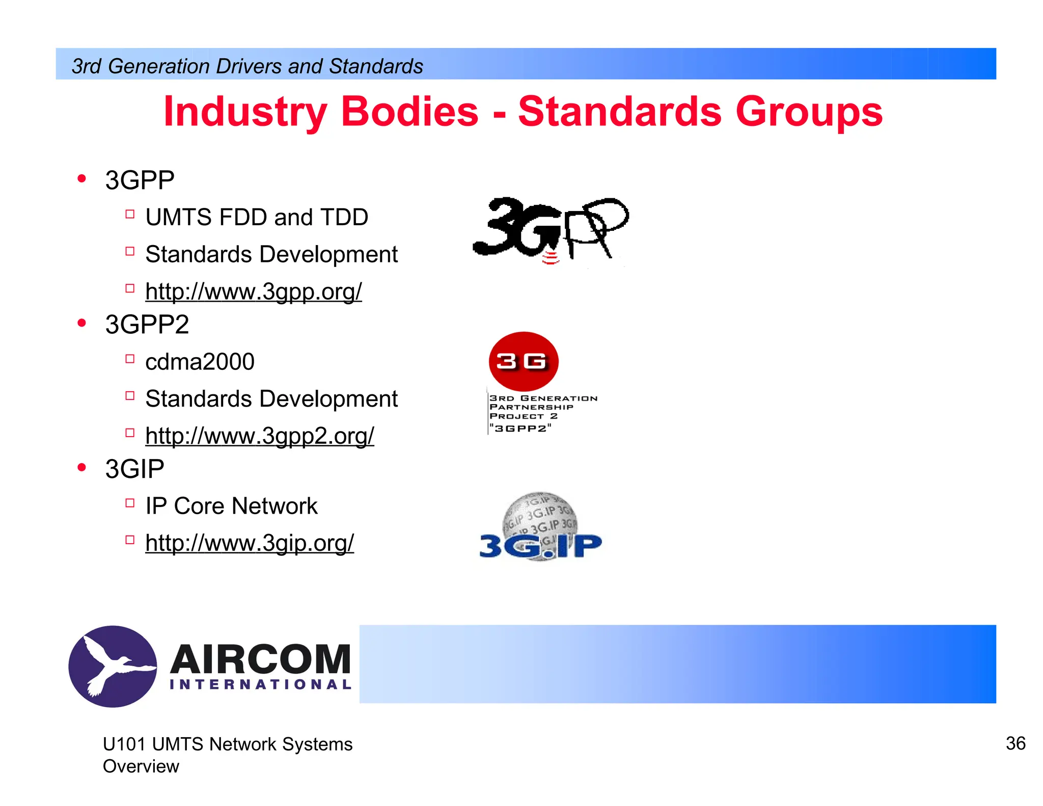 Industry Bodies - Standards Groups
• 3GPP

UMTS FDD and TDD

Standards Development

http://www.3gpp.org/
• 3GPP2

cdma2000

Standards Development

http://www.3gpp2.org/
• 3GIP

IP Core Network

http://www.3gip.org/
3rd Generation Drivers and Standards
U101 UMTS Network Systems
Overview
36
 