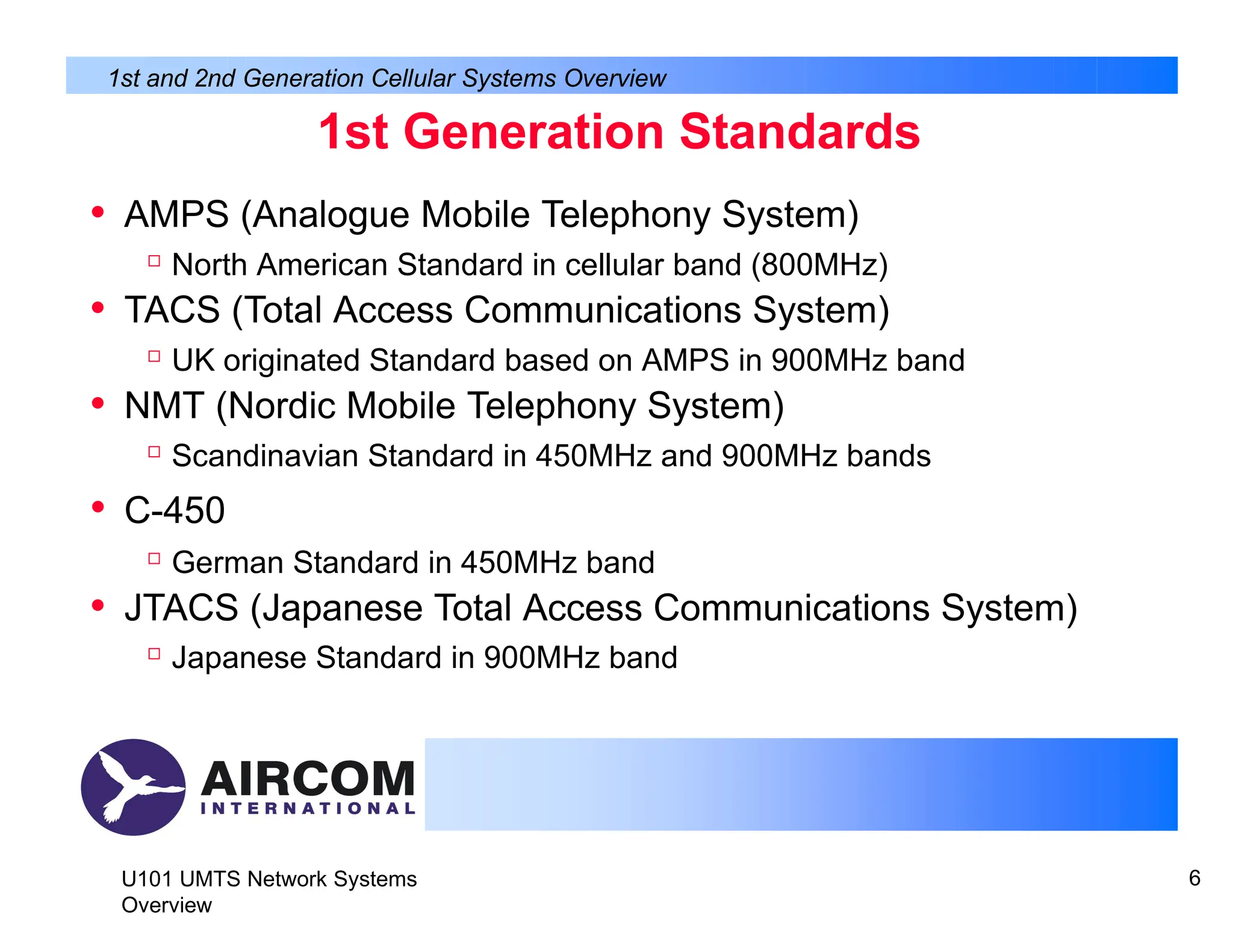 1st Generation Standards
U101 UMTS Network Systems
Overview
6
• AMPS (Analogue Mobile Telephony System)

North American Standard in cellular band (800MHz)
• TACS (Total Access Communications System)

UK originated Standard based on AMPS in 900MHz band
• NMT (Nordic Mobile Telephony System)

Scandinavian Standard in 450MHz and 900MHz bands
• C-450

German Standard in 450MHz band
• JTACS (Japanese Total Access Communications System)

Japanese Standard in 900MHz band
1st and 2nd Generation Cellular Systems Overview
 