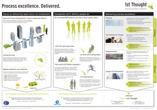 Process excellence. Delivered.
   Focus on delivering rapid return on investment                                                                                                                     Companies don’t deliver, people do                                                                                   Delivering process excellence
   Business Process Management is about connecting systems                                                                                                            For successful BPM projects you need a small, expert, team...                                                        Planning                               Strategic analysis and thought leadership that facilitates
                                                                                                                                                                                                                                                                                                                                  and justifies the move to process excellence:
   BPM is not about building huge new systems. It's about connecting all
   those systems inside and outside your organisation - so your operations                                                                                                                                                                                                                                                          Determining best practice guidelines
   are more effective and work faster, cheaper, more reliably…                                                                                                                                                                                                                                                                      Determining the optimal road map for delivering change
                                                                                                                                                                                                                                                                                                                                    Identify key risks with mitigating actions




                                                                                                                                                    Happy Customer
                                                                                                                                                                                                                                                                                                                                         Architecture Definition and Review
                                                                     Legacy




                                                                                                                                                                                                                                                                                                                                         Ensuring you make the right design decisions. Using our experience




                                                                                                                                                                                                                                                                                                                                                                                                                  Strategy
                                                                                                                              People
                                                                                                                                                                                                                                                                                                                                         to facilitate and deliver flexible, scalable architectures that exceed

                                                                                                               CRM
                                                                                                                                                                                                                                                                                                                                         business expectations.




                                                                                                                                                                                                                                                                                           Your Partner for Change                Ensure that you are well placed to deliver against your
                                                                                                                                                                                                                                                                                                                                  business goals
                                                                                                         External
                                        Business Rules




                                                                                                                                                                                                                                                                                                                                    Identify key risks with mitigating actions

                                                                                                                                       Fulfilment
                                                                                                                                                                                                                                                                                                                                    Do you have the procedures, knowledge and
                                                                                                                                                                                                                                                                                                                                    practices in place to deliver success?
                                                                                                                                                                                                                                                                                                                                    How good is your current Technology Platform?
                                                                               BAM




                                                                                                                                                                                                                                                                                                                                         Readiness Review
                                                                                                                                                                      ...with the right experience...
                                                          Internet




                                                                                                                                                                                                                                                                                                                                         Delivering an independent assessment of how prepared you and
                                                                                                                                                                                                                                                                                                                                         your technology really are.

                                                                                                                                                                      BPM requires specialised expertise - bringing
                                                                                                                                                                      together the world of systems , the rules of business
                                                                                                                                                                      and the work of people. A collective expertise
                                                                                                                                                                      spanning the delivery many successful projects is
                                                                                                                                                                                                                                                                                           Implementation                         Delivering on the promises that you have made to your
                                                                                                                                                                                                                                                                                                                                  stakeholders, delivering to the full potential of your
                                                                                                                                                                      invaluable.                                                                                                                                                 technology.
                                                                                                                              Define                                                                                               ...to work with existing teams.
   Closing the loop                                                                                                                                                                                                                                                                                                                 Application of BPM best practices and methodology
                                                                                                                                                                                                                                                                                                                                    to ensure success
   BPM technologies when combined properly with business                                                                                                                                                                           BPM projects generally involve interacting with
                                                                                                                                                                                                                                                                                                                                    Technical expertise to shorten time lines and drive
   analytics can facilitate exceptional process insight. This                                                                                                                                                                      many systems - each with their own technical teams.
                                                                                                                                                                                                                                                                                                                                    down cost
   insight informs and drives process improvement, which in                                                         Renew                                     Build                                                                Getting things done on time and on budget means
   turn leads to improved operational performance.                                                                                                                                                                                 working well with these teams.                                                                   Fixed price delivery so your budget is not at risk



                                                                                                                                                                      They need to be flexible, pragmatic...                                                                                                                             Solution Delivery
                                                                                                                            Understand                                                                                                                                                                                                   Rely on the proven experts to ensure a smooth ride from design to




                                                                                                                                                                                                                                                                                                                                                                                                                  Delivery
                                                                                                                                                                                                                                                                                                                                         delivery and guarantee your peace of mind.
                                                                                                                                                                      Successfully delivering a BPM project means constantly
                                                                                                                                                                      reprioritising to fit with other teams. Projects need
   Making operations more effective                                                                                                                                   tight controls - but actual working arrangements should
                                                                                                                                                                      flex with the project.
   Acronyms come and go, buzzwords change - but the basic need                                                                                                                                                                                                                             Support & Enhancement                  When you have excellent processes they become your
                                                                                                                                                                                                                                                                                                                                  differentiator and critical to your business.
   to make your operations more effective will always be there.                                                                                                          Working arrangements must be geared to suit the
                                                                                                                                                                         customer – from “guru” mentoring, through T&M                                                                                                              Support the inevitable changes and issues as they occur
       1940s: Organisation & Methods                                                                                                                                     delivery to the shared risk delivery of work packages                                                                                                      Regularly review changes and lessons learnt to give
       1980s: Workflow management                                                                                                                                                                                                                                                                                                   constant improvements
       1990s: Enterprise Resource Management
                                                                                                                                                                         Your delivery partner must be flexible and                ...a trusted advisor.
                                                                                                                                                                         responsive to your needs.                                                                                                                                  1st Thought can be your trusted advisor and long term
       2000s: Business Process Management                                                                                                                                                                                                                                                                                           application support partner
       2010+: Enterprise Composition?                                                                                                                                                                                              When dealing with difficult decisions you need to
                                                                                                                                                                                                                                   know what is really going on - a trusted advisor that
                                                                                                                                                                                                                                   can give you honest advice in your best interests.
                                                                                                                                                                                                                                                                                                                                         Ownership & support
                                                                                                                                                                                                                                     You need guidance through the myriad of vendors                                                     1st Thought have the expertise and ethos to take ownership for your
                                                                                                                                                                                                                                     Expertise to bridge the business/IT divide with                                                     critical process applications.
                                                                                                                                                                                                                                     plain old common sense




            1st Thought is an Operational BPM Consultancy                                                                                                                       1st Thought has a strong focus on delivery
                                                                                                                                                                                                                                                                                                                                 Delivered
                              1st Thought’s intimate knowledge of Business Process Management                                                                                              1st Thought are very much a delivery focused organisation. Their
                                (BPM) technologies has proved invaluable to Companies House.                                                                                                dedication to ensuring that Barclaycard’s project timescales are                                                         Talk To 1st Thought
                                                                                                                                                                                                  met with quality deliverables has been impressive.
                                                         Tony Samra – Change Director – Companies House                                                                                                                                                                                           First Thought Consulting Ltd                    Tel: 01425 200620
                                                                                                                                                                                                                                                                                                          Market Place                         Email: Talk@1st-thought.com
                                                                                                                                                                                                 Hanns Buerger – Programme Manager – Barclaycard International
                                                                                                                                                                                                                                                                                                   Ringwood, BH24 1AP, UK                       Visit: www.1st-thought.com



                                                                                                    TM

This is a big picture. As simplified and communicated by Cognac: Communicate anything in ten minutes.                                                                                                                                                                                                                                    Design & Format © 2008 Cognac UK Ltd - Ref: FIRSTTHOUGHTBP_1137020508
 