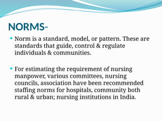 NORMS-
 Norm is a standard, model, or pattern. These are
standards that guide, control & regulate
individuals & communities.
 For estimating the requirement of nursing
manpower, various committees, nursing
councils, association have been recommended
staffing norms for hospitals, community both
rural & urban; nursing institutions in India.
 