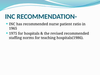 INC RECOMMENDATION-
 INC has recommended nurse patient ratio in
1965
 1975 for hospitals & the revised recommended
staffing norms for teaching hospitals(1986).
 