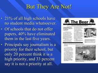 But They Are Not! 21% of all high schools have no student media whatsoever. Of schools that do not offer papers, 40% have eliminated them in the last five years. Principals say journalism is a priority for their school, but only 20 percent think it is a high priority, and 33 percent say it is not a priority at all. 