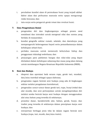 i. perubahan kondisi alam di permukaan bumi yang terjadi akibat
faktor alam dan perbuatan manusia serta upaya mengurangi
risiko bencana; dan
j. tata surya serta pengaruh gerak rotasi dan revolusi bumi.
7. Ilmu Pengetahuan Sosial
a. pengenalan diri dan lingkungannya sebagai proses awal
sosialisasi dan interaksi untuk mengenal nilai dan norma yang
berlaku di masyarakat;
b. kondisi geografis sekitar rumah, sekolah, dan daerahnya yang
mempengaruhi keberagaman hayati serta pemanfaatannya dalam
kehidupan sehari-hari;
c. perilaku manusia untuk memenuhi kebutuhan hidup dan
penggunaan teknologi sederhana; dan
d. perjuangan para pahlawan bangsa dan nilai-nilai yang dapat
diteladani dalam kehidupan sekarang dan masa yang akan datang
untuk membangun Negara Kesatuan Republik Indonesia (NKRI).
8. Seni dan Budaya
a. ekspresi dan apresiasi baik secara rupa, gerak tari, musikal,
dan/atau teatrikal sebagai upaya olahrasa;
b. pengenalan ragam bentuk seni budaya yang ada di lingkungan
sekitar melalui pengalaman kontekstual;
c. pengenalan unsur-unsur dasar gerak tari, rupa, bunyi (vokal dan
alat musik), dan seni pertunjukan untuk mengekspresikan diri
melalui aneka bentuk karya seni budaya dengan menggunakan
alat atau bahan yang tersedia di sekitarnya;
d. prosedur dasar, karakteristik alat, bahan, gerak, bunyi, dan
tradisi yang tersedia di sekitarnya dalam penciptaan karya seni
budaya; dan
e. interpretasi berbagai jenis teks ke dalam ragam bentuk seni
budaya (rupa, tari, musik, dan/atau teater).
 