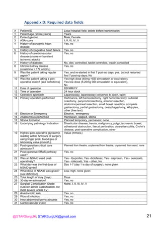 @STARSurgUK; STARSurgUK@gmail.com 21
Appendix(D:(Required(data(fields(
A Patient ID Local hospital field; delete before transmission
1 Patient age (whole years) Years
2 Patient gender Male, Female
3 ASA score I, II, III, IV, V
4 History of ischaemic heart
disease
Yes, no
5 History of congestive heart failure Yes, no
6 History of cerebrovascular
disease (stroke or transient
ischemic attack)
Yes, no
7 History of diabetes No, diet, controlled, tablet controlled, insulin controlled
8 Chronic kidney disease
(creatinine > 177 umol/L)
Yes, no
9 Was the patient taking regular
aspirin?
Yes, and re-started in first 7 post-op days; yes, but not restarted
first 7 post-op days; No
10 Was the patient taking a peri-
operative statin? (see definitions)
Yes high dose (40mg +OD simvastatin or equivalent),
Yes low dose (5-20mg OD simvastatin or equivalent),
No
11 Date of operation DD/MM/YY
12 Time of operation 24 hour clock
13 Operative approach Laparoscopy, laparoscopy converted to open, open
14 Primary operation performed Hartmanns, left hemicolectomy, right hemicolectomy, subtotal
colectomy, panproctocolectomy, anterior resection,
abdominoperineal resection, small bowel resection, complete
gastrectomy, partial gastrectomy, oesophagectomy, Whipples,
other (free text)
15 Elective or Emergency Elective, emergency
16 Anastomosis performed Handsewn, stapled, stoma
17 Stoma formation Planned temporary, permanent, none
18 Underlying pathology/ indication Diverticular disease, hernia, malignancy, polyp, ischaemic bowel,
adhesional obstruction, faecal perforation, ulcerative colitis, Crohn’s
disease, post-operative complication, other
19 Highest post-operative glycaemic
reading within 72 hours of surgery
using finger prick, blood gas or
laboratory value (mmol/L).
Value (mmol/L)
20 Post-operative critical care
admission?
Planned from theatre, unplanned from theatre, unplanned from ward, none
21 Post-operative ERAS pathway
used?
Yes, no
22 Was an NSAID used post-
operatively?
Yes - Ibuprofen, Yes -diclofenac, Yes - naproxen, Yes - celecoxib,
Yes - rofecoxib, Yes - other, No
23 What day was the first dose of
NSAID given?
Day 1-7 (day 1 is day of surgery), none given
24 What dose of NSAID was given?
(see definition)
Low, high, none given
25 Total length of stay (days) Days
26 30-day re-admission? Yes, no
27 Surgical Complication Grade
(Clavien-Dindo Classification, list
most severe Grade I-V)
None, I, II, III, IV, V
28 Anastomotic leak Yes, no
29 Wound infection Yes, no
30 Intra-abdominal/pelvic abscess Yes, no
31 Cardiovascular event Yes, no
!
 